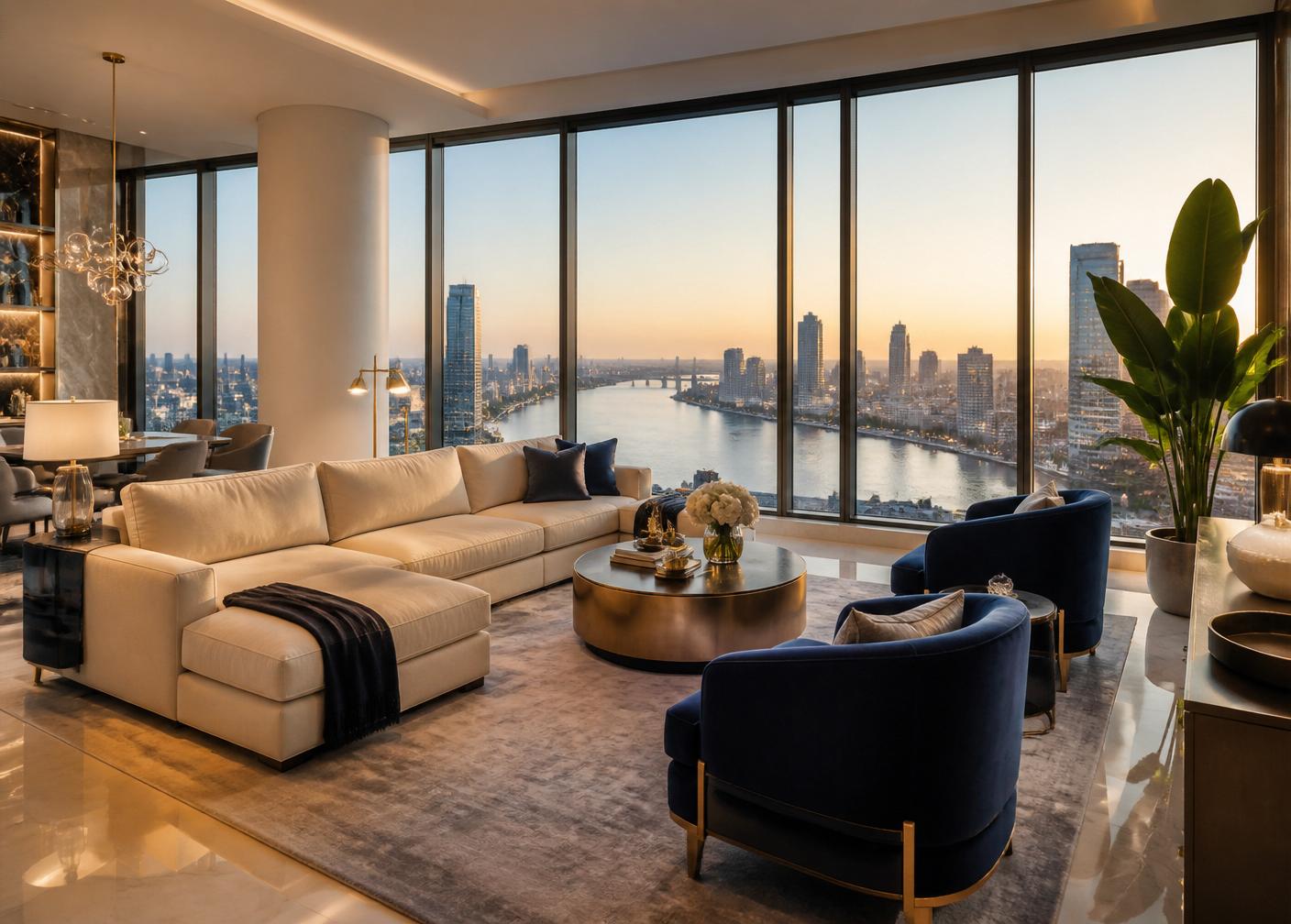 Living room with panoramic river view